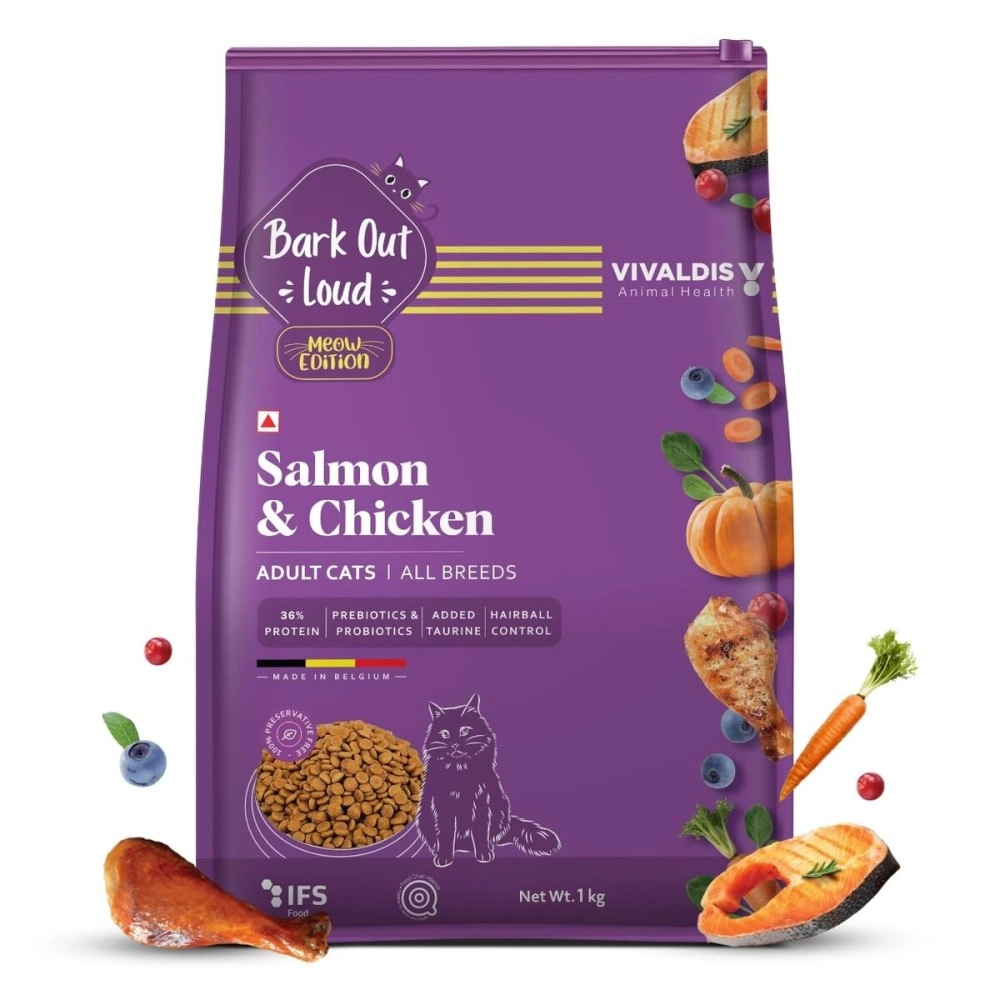 Bark Out Loud by Vivaldis - Adult Dry Cat Food Chicken & Salmon 1 Kg, protein-packed immunity, growth & development booster, contributes to healthy heart, skin, coat and eye.