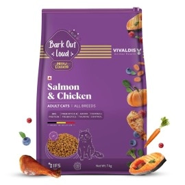 Bark Out Loud by Vivaldis - Adult Dry Cat Food Chicken & Salmon 1 Kg, protein-packed immunity, growth & development booster, contributes to healthy heart, skin, coat and eye.