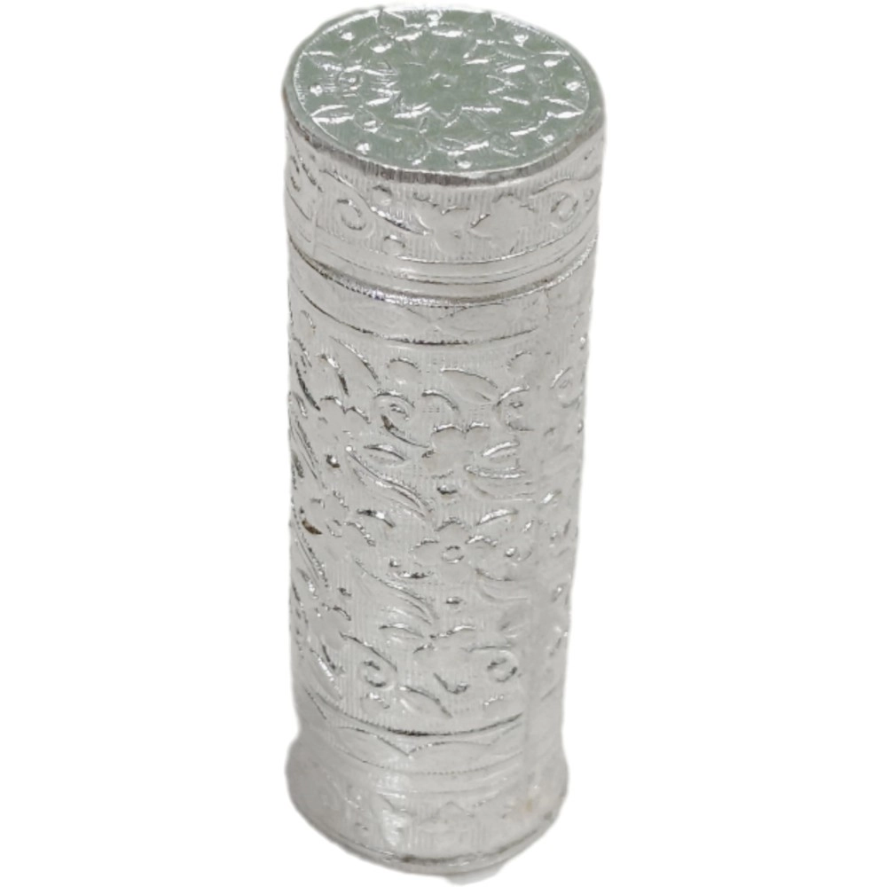 HOPE KART Chuna Dani Dabi Silver Plated White Metal Empty Tobacco Chunauti Khaini Lime Dibbi for Men Chandi Box Katha Dabbi Container, 6.5L X 2 Dia cm, Pack of (1)