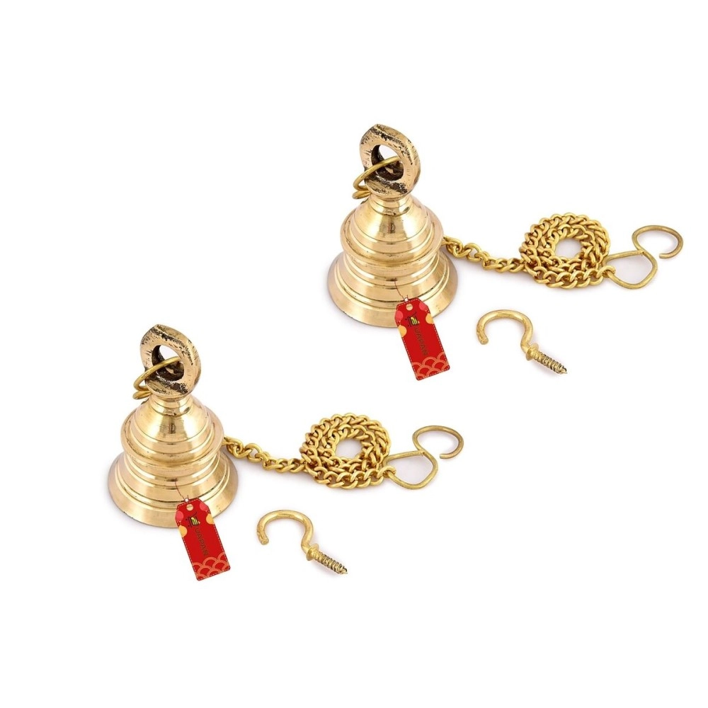 UAPAN Brass Gold Wall Hanging Bell with Chain and Hanging Hook for Home Mandir Temple Decorative I Puja Room (Pack of 2 Nos)