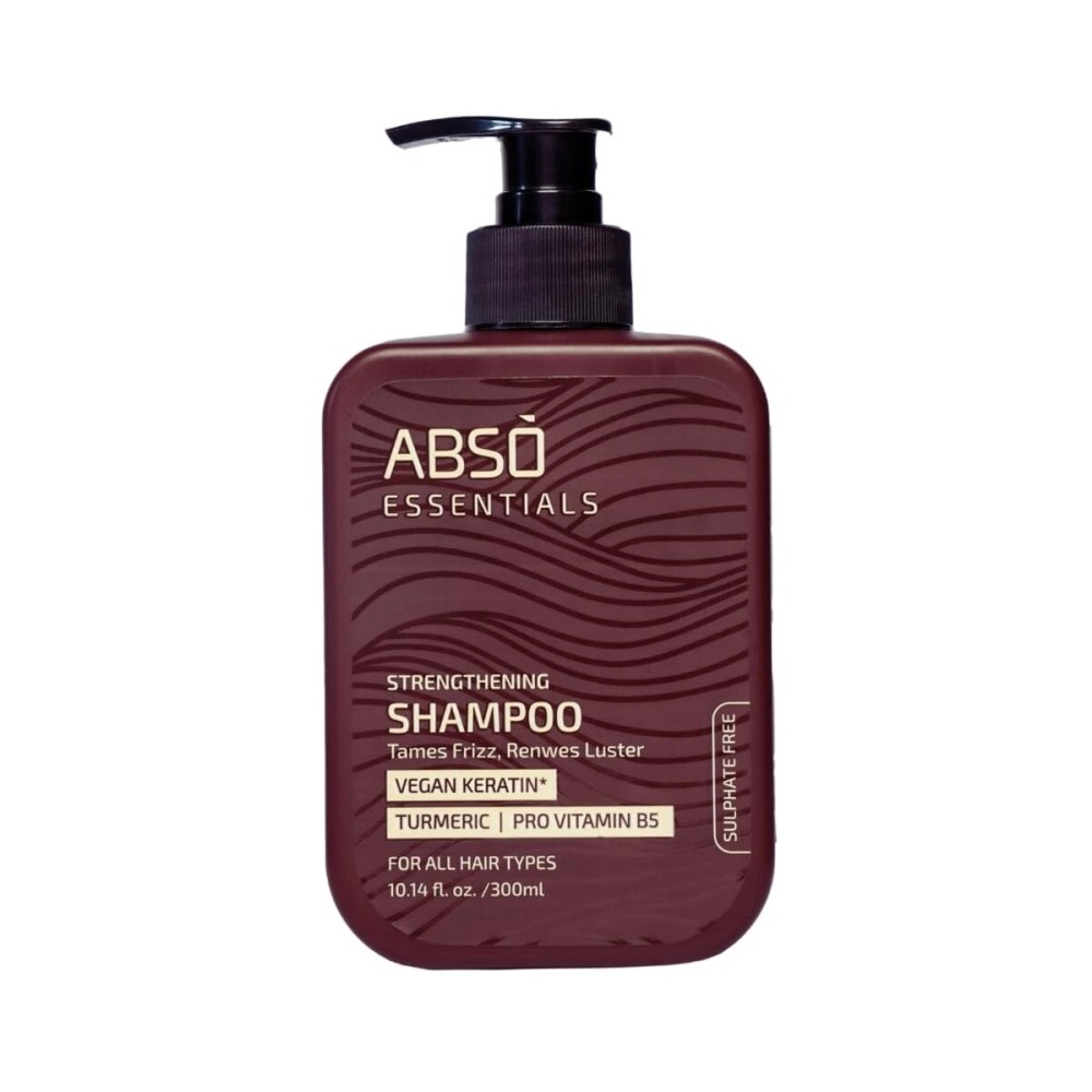 ABSO ESSENTIALS Strengthening Shampoo Infused with Vegan Keratin, Turmeric, and Pro Vitamin B5 for Frizz Control, Hair Strengthening, Enhanced Shine (300 ML)