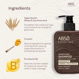 ABSO ESSENTIALS Strengthening Shampoo Infused with Vegan Keratin, Turmeric, and Pro Vitamin B5 for Frizz Control, Hair Strengthening, Enhanced Shine (300 ML)