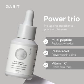 Gabit Multi-Peptide & Resveratrol Pro-ageing Serum For Wrinkles, Fine Lines, Dark Spots | Boosts Collagen | Normal, Oily, Dry, Sensitive Skin Types |Vit-C, Hyaluronic, Chamomile |For Women & Men, 30