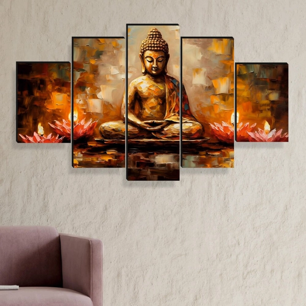 SAF Buddha Paintings For Wall Decoration - Set Of Five, 3D Modern Art Painting For Living Room Large Size With Frames For Home Decoration, Hotel, Office 76.2 Cm X 45 Cm Sanfpnls35458, Engineered Wood