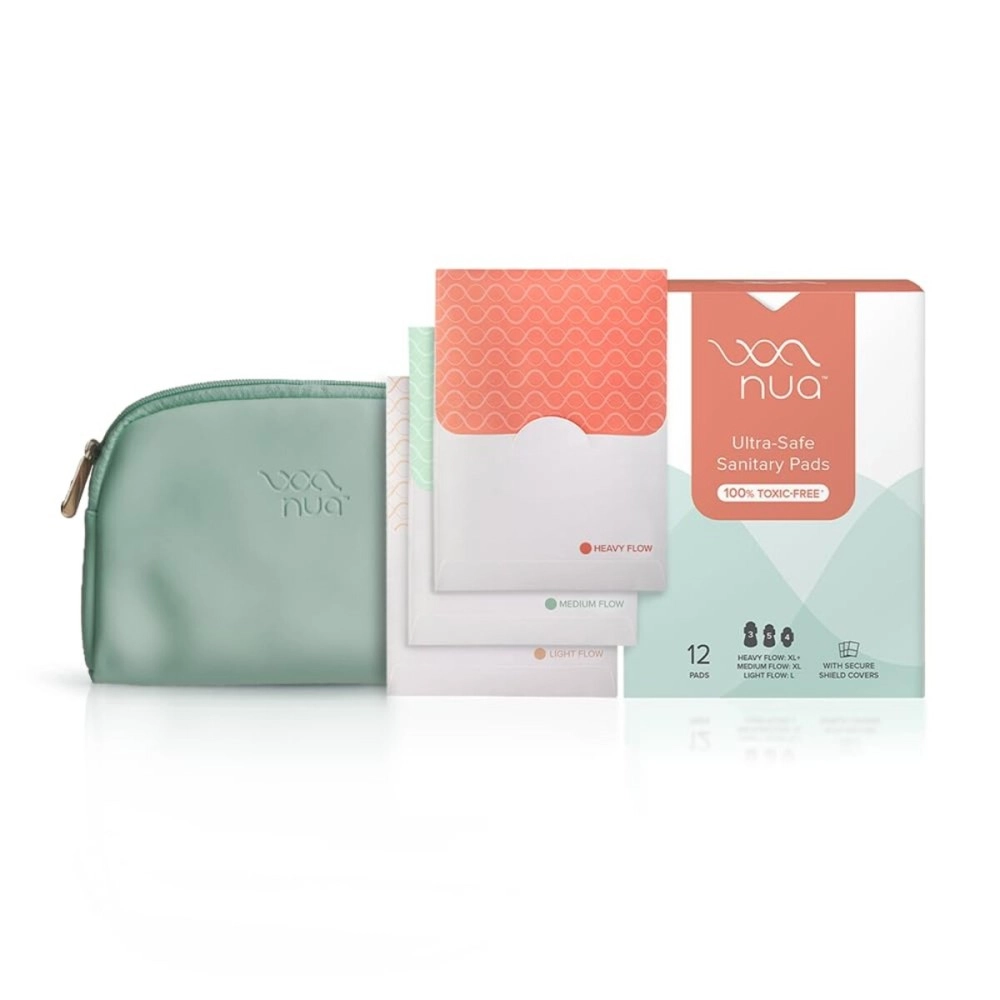 Nua Combo - 12 Ultra Safe Pads with Disposable Covers | upto 100% Leak Protection | Suitable for Every Flow | Wider back | Comfortable | Rash Free + Vegan Leather Pouch