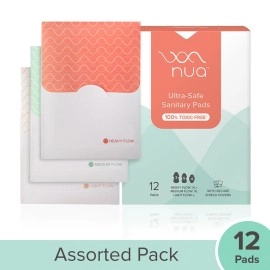 Nua Combo - 12 Ultra Safe Pads with Disposable Covers | upto 100% Leak Protection | Suitable for Every Flow | Wider back | Comfortable | Rash Free + Vegan Leather Pouch