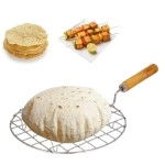 AADHIK Papad Jali Roast, Paneer Grill, Roti Maker, Barbeque Round Jali Roaster Chapati Toast Grill Wooden Handle Vegetable tandoor net, Baigan Bharta