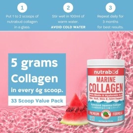 Nutrabud Japanese Marine Collagen Powder Supplement for Women, Men | No Added Sugar | Supports Skin Radiance, Healthy Hair, Nails & Joints | Hydrolyzed Collagen Peptides (Watermelon, 200g)