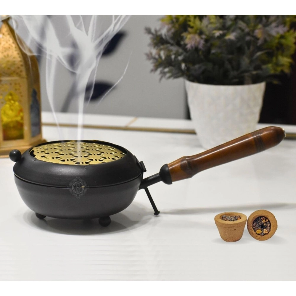 DSH Metal Home Purifying Incense Burner, Sambrani Dhoop, Bakhoor Burner, Loban Burner with Wooden Handle for Home Office Temple Puja.