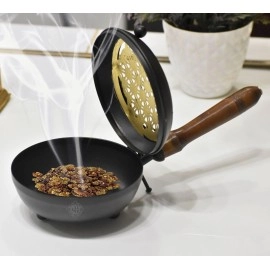 DSH Metal Home Purifying Incense Burner, Sambrani Dhoop, Bakhoor Burner, Loban Burner with Wooden Handle for Home Office Temple Puja.