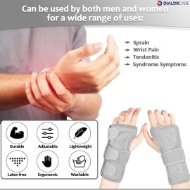 DIALDRCARE Wrist Support with Metal Splint Stabilizer, Adjustable Wrist Bandage for Pain Relief and Relieve Injuries (Grey)