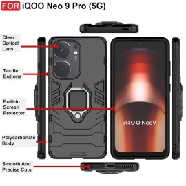 Cedo Polycarbonate Iqoo Neo 9 Pro (5G) Kickstand Case | Built-In Stand Rotating Ring Holder | Military Grade Armor Bumper Back Cover (Black)
