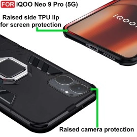 Cedo Polycarbonate Iqoo Neo 9 Pro (5G) Kickstand Case | Built-In Stand Rotating Ring Holder | Military Grade Armor Bumper Back Cover (Black)