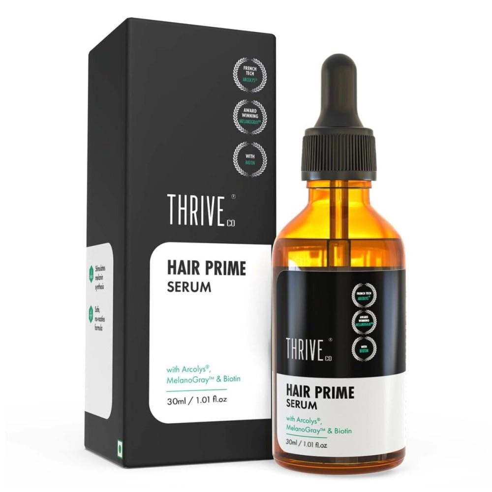 ThriveCo Anti-Grey Hair Prime Serum | Reverses & Limits Hair Greying | Arcolys + Biotin + Black Tea Extract | Light-Weight, Non-Sticky & Odourless | For Men and Women | 30 Ml