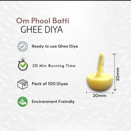 Om Phool Batti 100 Pcs. Cow Ghee Diya for Puja, 30 min Burning Time, 100% Wax Free Ghee Batti for Pooja, Festivals & Religious Rituals | Readymade Ghee Diya batti