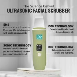 Q DEVICES Ultrasonic Facial Skin Scrubber, 4 Modes, Blackhead Remover, Facial Pores Cleaner, Stainless Steel Spatula, Extractor Tip, Silicone Covers, Rechargeable