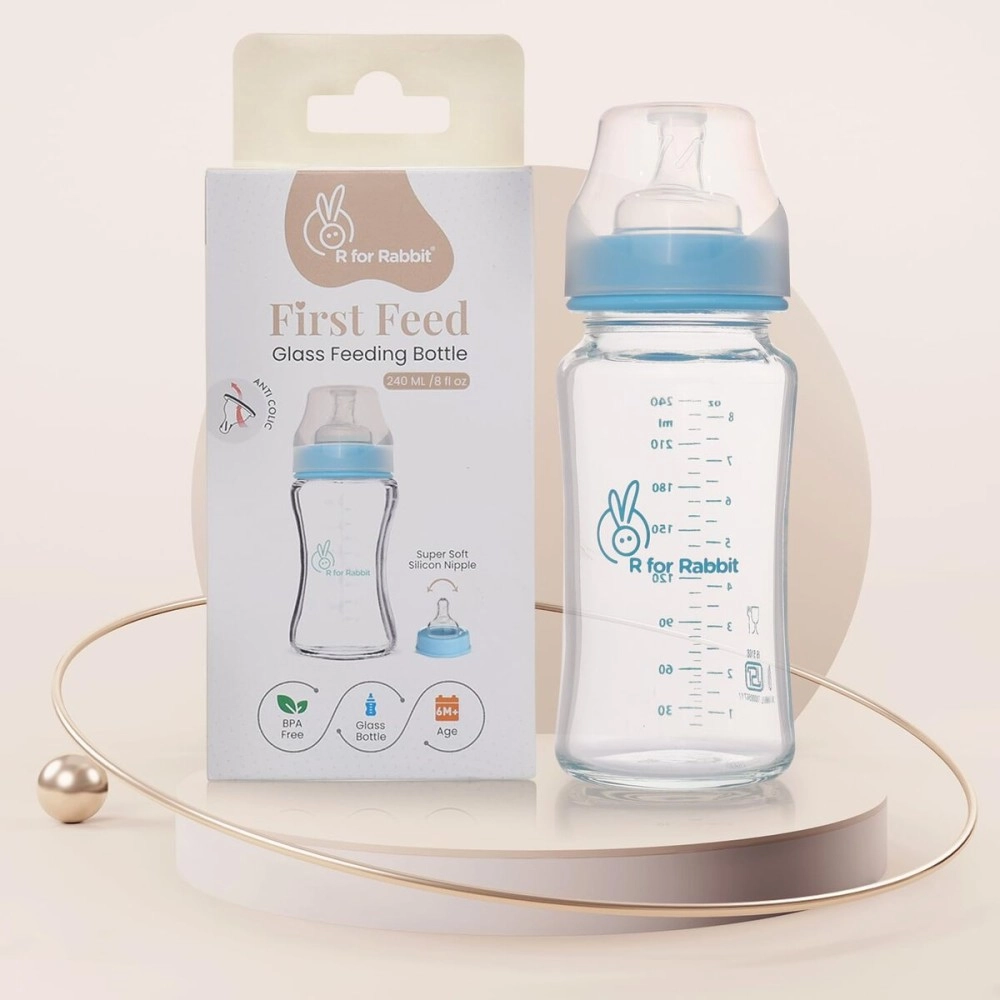 R for Rabbit First Feed Baby Glass Feeding Bottle 240ml with Anti-Colic Wide Neck, BPA Free Soft Silicone Nipple, Milk Feeder for New Born/Infants/Toddler Kids of 6+ Months (Lake Blue)