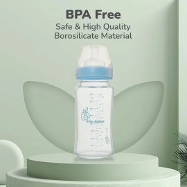R for Rabbit First Feed Baby Glass Feeding Bottle 240ml with Anti-Colic Wide Neck, BPA Free Soft Silicone Nipple, Milk Feeder for New Born/Infants/Toddler Kids of 6+ Months (Lake Blue)