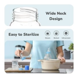 R for Rabbit First Feed Baby Glass Feeding Bottle 240ml with Anti-Colic Wide Neck, BPA Free Soft Silicone Nipple, Milk Feeder for New Born/Infants/Toddler Kids of 6+ Months (Lake Blue)