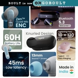 Boult Audio Newly Launched Z20 Pro, Truly Wireless Bluetooth Ear Buds with 60 Hours Playtime, 4 Mics Clear Calling, 45ms Low Latency, Rich Bass Drivers, TWS Earbuds Bluetooth Wireless (Powder Blue)