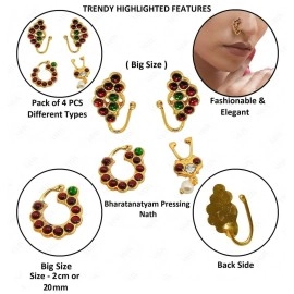VAMA FASHIONS Golden Bharatanatyam Dance Jewellery Nath Without Piercing Kempu Nose Ring Pin Nathiya For Women