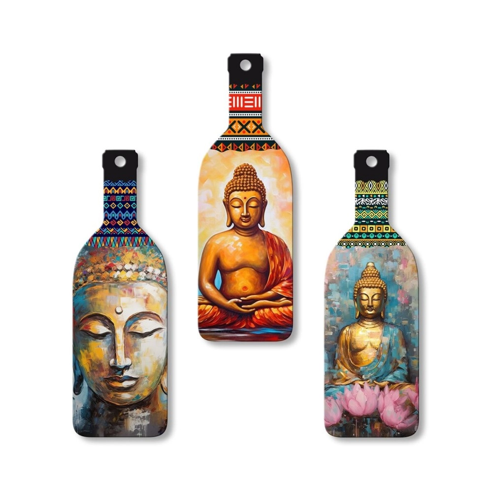 Artvibes Meditating Gautam Buddha Wooden Wall Hanging for Home Decor | Decoration Items for Livingroom | Art Item for Office | Decorative Mdf Wall Hanger Artwork (WH_9507N), (Set of 3)
