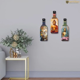 Artvibes Meditating Gautam Buddha Wooden Wall Hanging for Home Decor | Decoration Items for Livingroom | Art Item for Office | Decorative Mdf Wall Hanger Artwork (WH_9507N), (Set of 3)