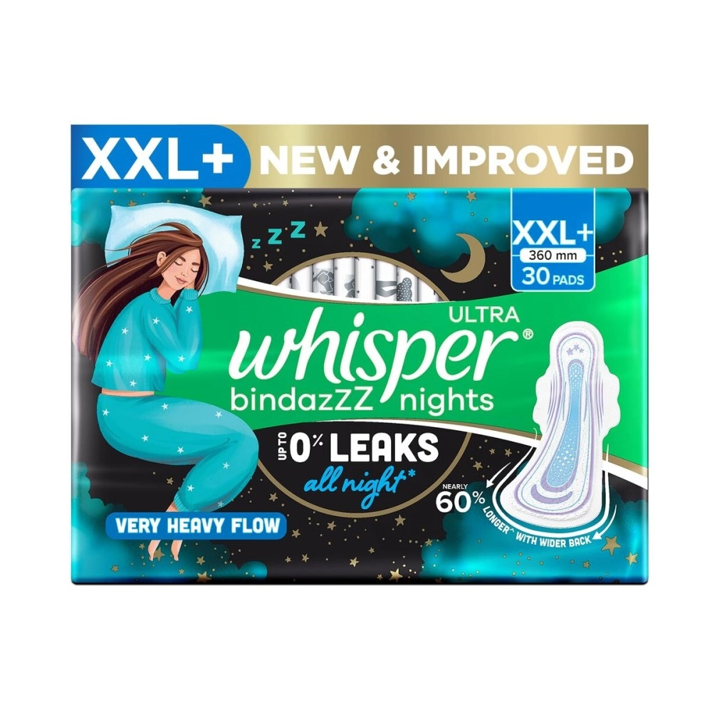 Whisper Bindazzz Nights 30 XXL+ Sanitary Pads, Upto 0% Leaks All Night Long, For Very Heavy Flow, Nearly 60% Longer with Wider Back, Active odor lock so you feel fresh, Disposable Wrapper