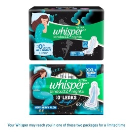 Whisper Bindazzz Nights 30 XXL+ Sanitary Pads, Upto 0% Leaks All Night Long, For Very Heavy Flow, Nearly 60% Longer with Wider Back, Active odor lock so you feel fresh, Disposable Wrapper