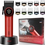 VGR V-001 Professional Salon Quality Hair Clipper |  RPM High-Power DC Motor,  Min Runtime, DLC Diamond-Coated Blade, LED Display & Light | Taper Lever & 15 Length Settings, Red