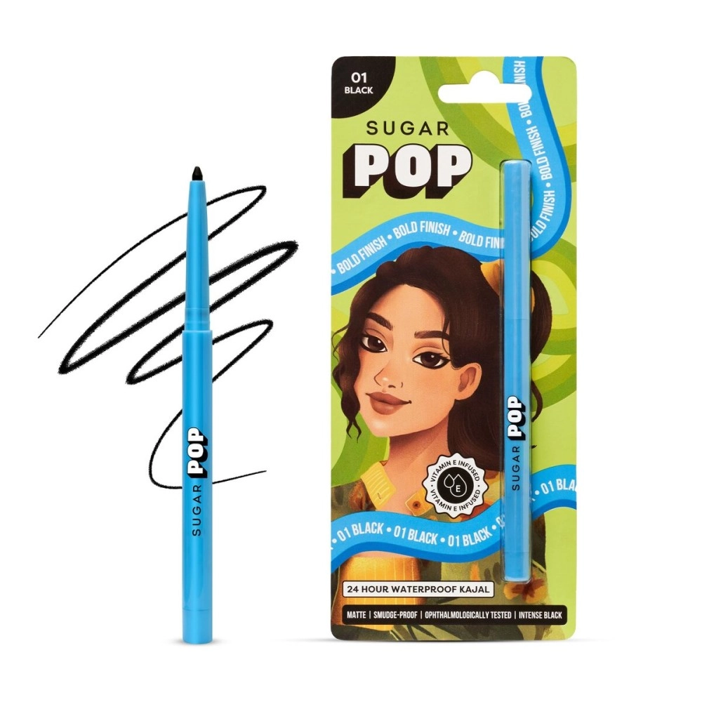 SUGAR POP 24 Hour Waterproof Kajal - Black - Super pigmented | Smudge-proof | 24 hour wear formula | Sharpener included