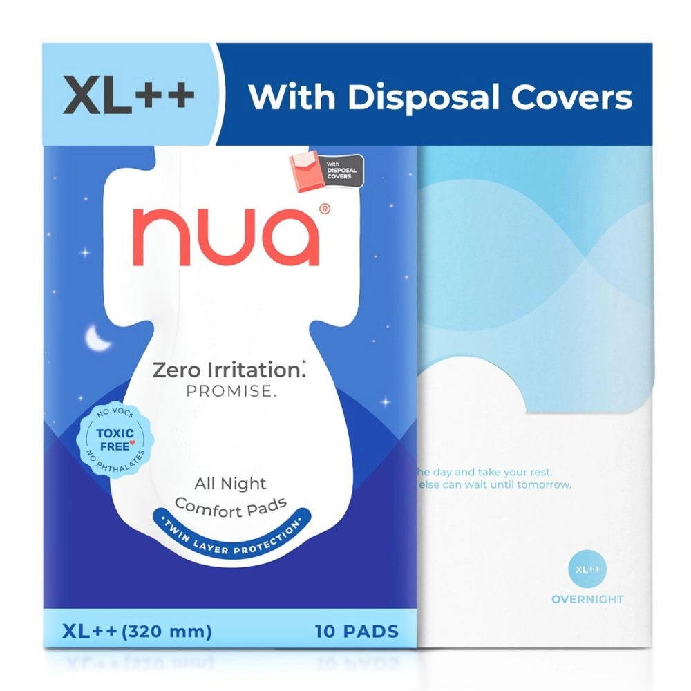 Nua All Night Comfort Sanitary Pads | Pack of 10 (XL++ 320mm) | Twin Layer Protection | 50% Wider Back and Anti Stain Wings | Upto 10 Hours of Absorption | Super Soft and Breathable | No Rashes | 100%