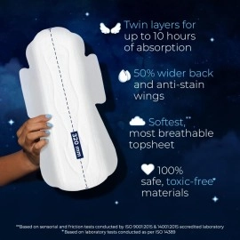 Nua All Night Comfort Sanitary Pads | Pack of 10 (XL++ 320mm) | Twin Layer Protection | 50% Wider Back and Anti Stain Wings | Upto 10 Hours of Absorption | Super Soft and Breathable | No Rashes | 100%