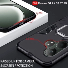 TheGiftKart Tough Armor Bumper Back Case Cover for Realme GT 6 / GT 6T 5G | Ring Holder & Kickstand in-Built | 360 Degree Protection Back Case Cover for Realme GT 6 / GT 6T 5G (PC & TPU, Black)