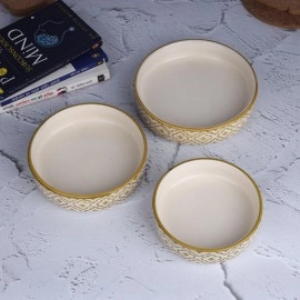 SEPARATE WAY Ceramic Flat Deep Serving Bowl Set of 3, Mix Size - 800ml, 600ml, and 500ml | Glossy Finish | Salad, Snack, Pasta Plates | Flat Bowl | Serving Plate | Mix Bowl Plates (Moroccan Golden)