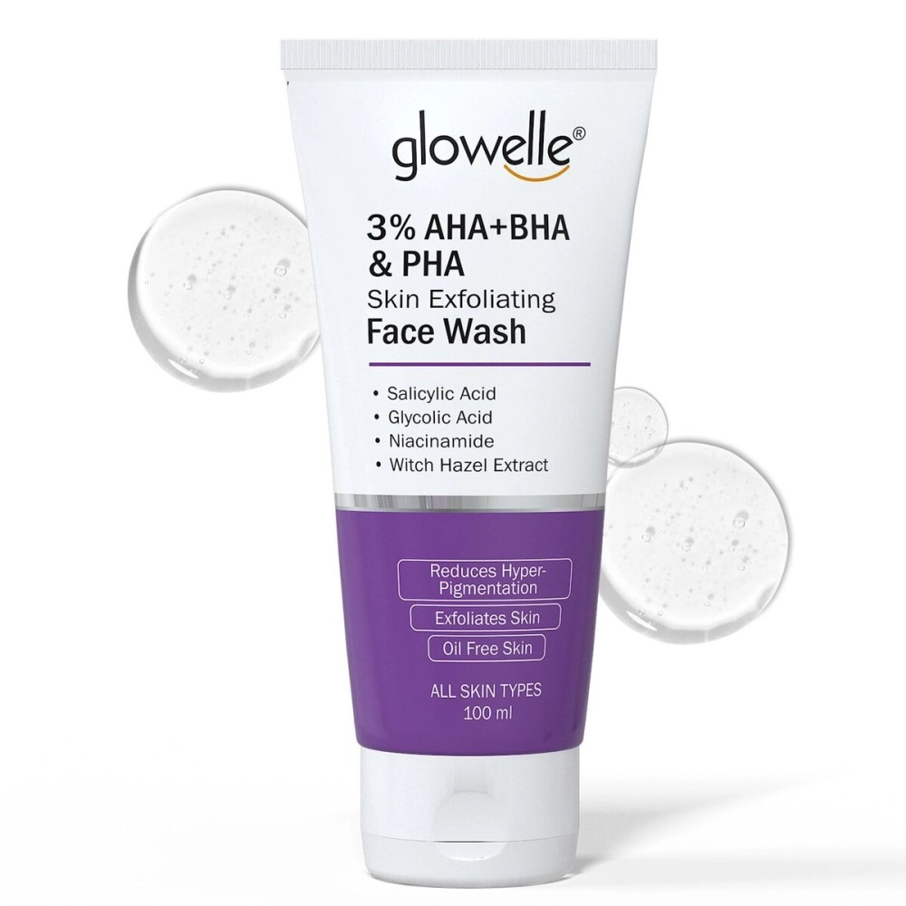 Glowelle 3% AHA+BHA & PHA Skin Exfoliating Face Wash, Reduces Hyperpigmentation, Gently Exfoliates Skin for a Oil-free Skin, With Witch Hazel Extract, For All Skin Types - 100ml