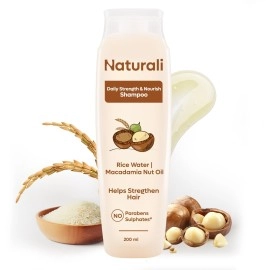 Naturali Daily Strength & Nourish Shampoo with Rice Water & Macadamia Nut Oil | Makes Hair Stronger | Paraben and Sulphate Free | Dry Frizzy Hair Shampoo | 200 ml