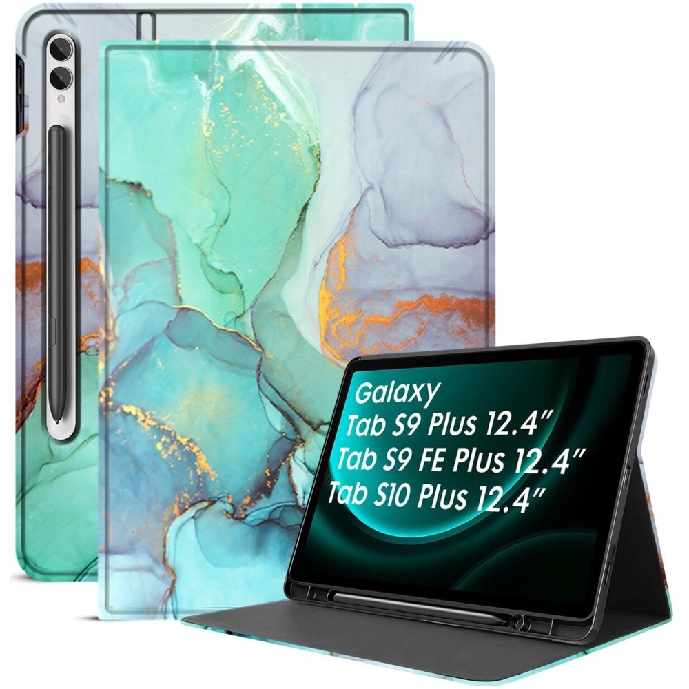 Robustrion Cover Case for Samsung Galaxy Tab S9 FE Plus 12.4 inch/Tab S9 Plus inch, Folio Cover Case with [Pencil Holder] [Auto Sleep Wake] for Samsung Tab S9+ / S9 FE+ Tablet - Marble Green