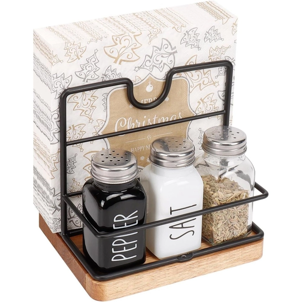WOOD ART STORE Metal Napkin Holder with Salt and Pepper Shakers Caddy Modern Napkin Dispenser for Home, Office, Resturant, (Caddy with Napkin Holder)