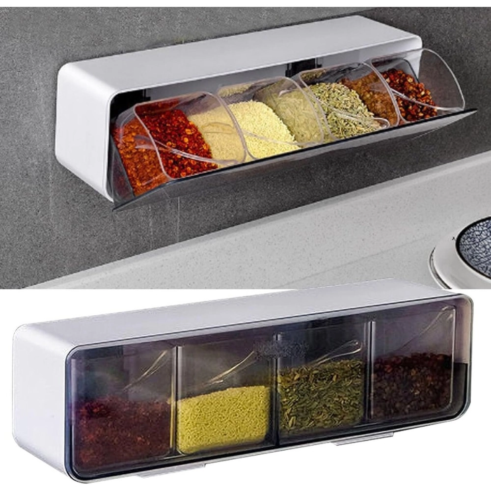ESTAMINE Wall Mounted Spice Storage Box With Spoon For Kitchen, Multipurpose Self Adhesive Seasoning Masala Spice Rack Shelf With Cover,plastic spice rack masala organiser