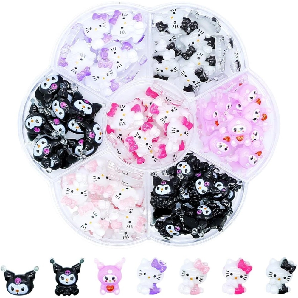 MAYCREATE 70Pcs 3D Nail Decals Flatback Nail Decal Charms Sanrio Nail Decal Charms 7 Designs Kuromi and Kitty Themed Resin Cartoon Nail Decals Charms for DIY Nail Art, DIY Handcrafts, Decorations