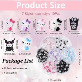 MAYCREATE 70Pcs 3D Nail Decals Flatback Nail Decal Charms Sanrio Nail Decal Charms 7 Designs Kuromi and Kitty Themed Resin Cartoon Nail Decals Charms for DIY Nail Art, DIY Handcrafts, Decorations