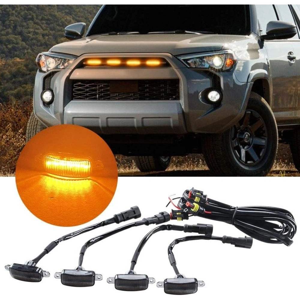 AutoBizarre Set Of 4 Pcs Amber/Yellow/Orange Raptor Style Car Front Grill Drl Daytime Running LED Lights Emergency Warning Off-Roading Light Shell Lights For All Cars, Vans, Suv, Trucks (Smoked Lens)