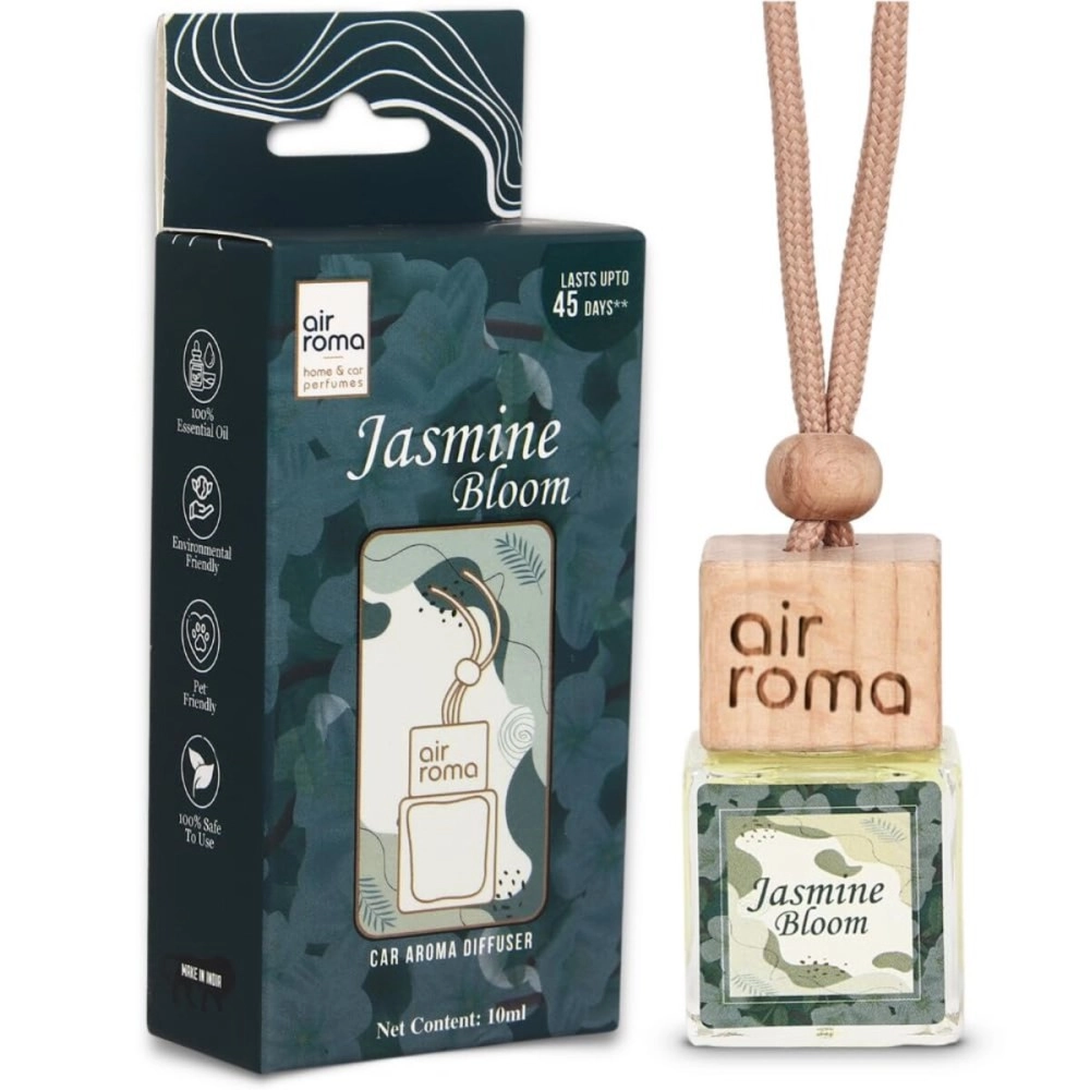 AIR ROMA Jasmine Bloom Car Perfume Hanging Pod 10ml | Natural Essential Premium Fragrance Oils in Glass Bottle with Wooden Diffuser Lid | Long Lasting Car Air Freshener Scent | Lasts Up to 45 Days