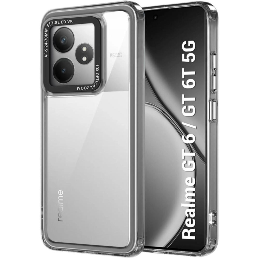 TheGiftKart Hybrid Shockproof Bumper Case for Realme GT 6 / GT 6T 5G | Stylish Electroplated Buttons | Designer Bold Camera Border | Crystal Clear Hard Back Case (TPU & PC, Smoked)