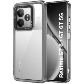 TheGiftKart Hybrid Shockproof Bumper Case for Realme GT 6 / GT 6T 5G | Stylish Electroplated Buttons | Designer Bold Camera Border | Crystal Clear Hard Back Case (TPU & PC, Smoked)