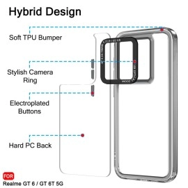 TheGiftKart Hybrid Shockproof Bumper Case for Realme GT 6 / GT 6T 5G | Stylish Electroplated Buttons | Designer Bold Camera Border | Crystal Clear Hard Back Case (TPU & PC, Smoked)