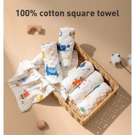 Little Boo Muslin 6 layer Cotton Face Towels for Newborn Baby Extra Soft Hankies Reusable Napkins for Infants Toddlers/Kids (Pack of 5) White Printed.
