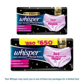 Whisper Super Absorbent Period Panty, 12 L-XL Pants, 360 Degree Leakage Protection for Heavy Flow, Panty like Fit for Full back Coverage, Absorbs Heavy Gushes, Silky Soft, Comfortable Feel