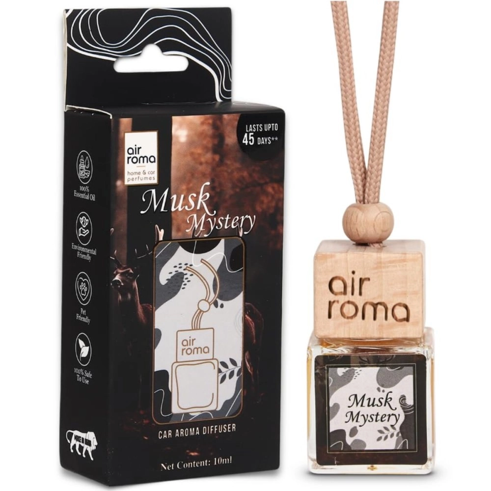 AIR-ROMA Musk Mystery Car Perfume Hanging Pod 10Ml|Natural Essential Premium Fragrance Oils In Glass Bottle With Wooden Diffuser Lid|Long Lasting Car Air Freshener Scent|Lasts Up To 45 Days